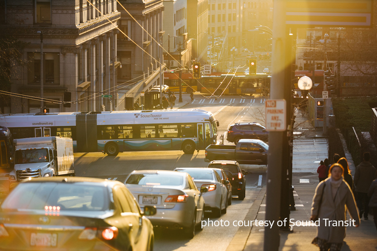 A ST Express bus moves along 4th Ave in Seattle January 29, 2019.