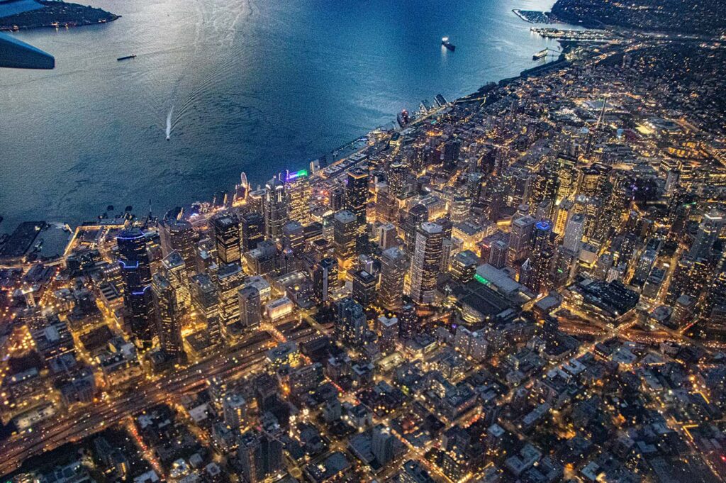 aerial view of city of Seattle and Puget Sound, early evening