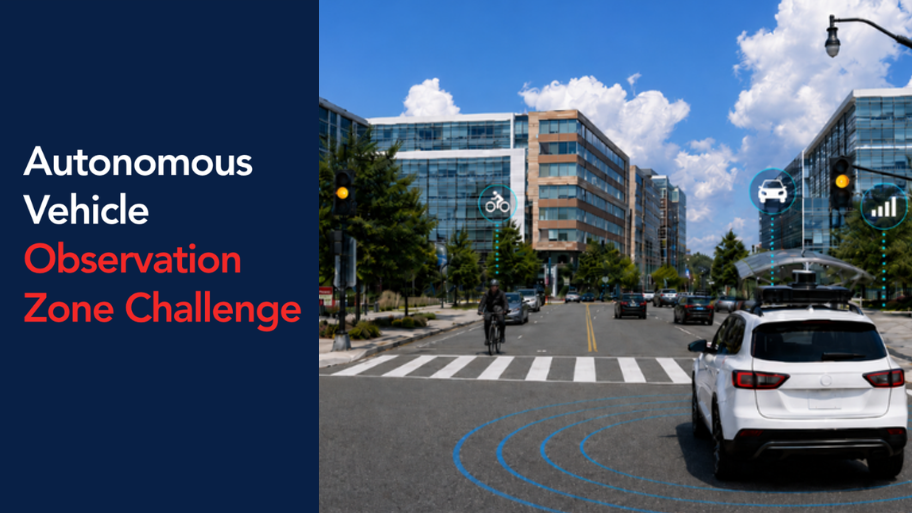 Graphic for the Autonomous Vehicle Observation Zone Challenge, showing a city street with a car, pedestrians, cyclists, and sensor-style icons representing autonomous vehicle detection.